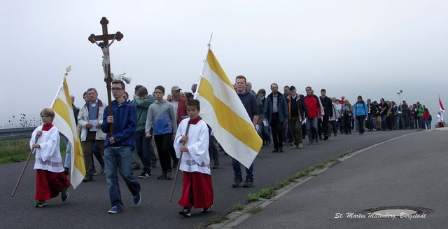 Ministranten aus der Pfarreiengemeinschaft trugen Kreuz und Fahnen voraus.