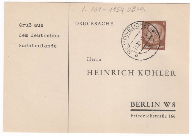 Sudetenland 1938 - Karte mit deutscher Frankatur - neuer Stempel SCHÖNBÜCHEL vom 11.11.1938 - UB: a