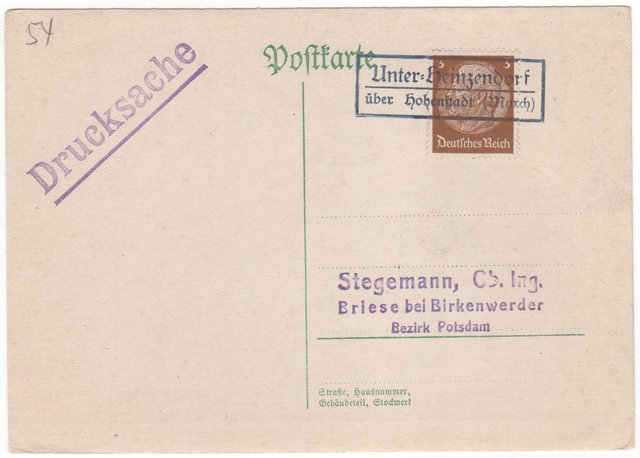 Sudetenland 1938 - Karte mit deutscher Frankatur - Notstempel UNTER-HEINZENDORF (ohne Datum)