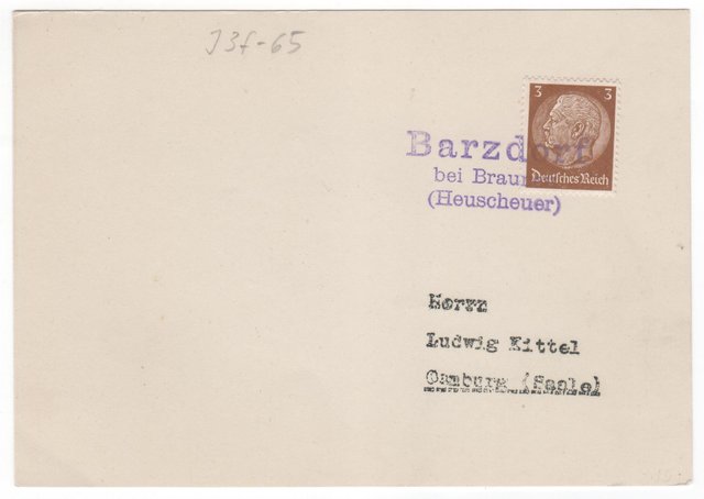 Sudetenland 1938 - Karte mit deutscher Frankatur - Notstempel BARZDORF BEI BRAUNAU (Heuscheuer) - ohne Datum