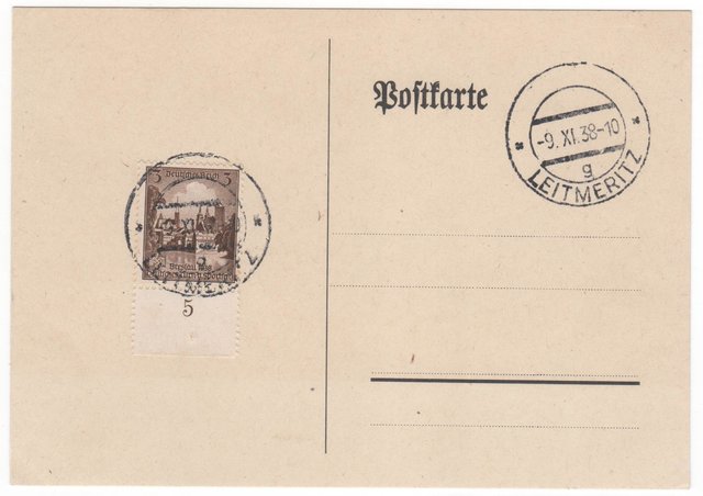 Sudetenland 1938 - Karte mit deutscher Frankatur - 2 mal aptierter Stempel LEITMERITZ vom 09.11.1938 - UB: g