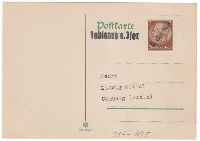 Sudetenland 1939 - Karte mit deutscher Frankatur - Notstempel JABLONETZ A. ISER vom 09.01.1939