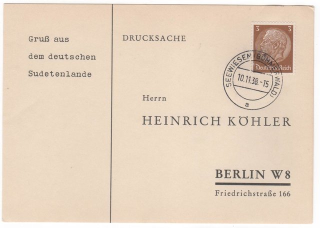 Sudetenland 1938 - Karte mit deutscher Frankatur - neuer Ortsstempel SEEWIESEN (BÖHMERWALD) vom 10.11.1938 - UB: a