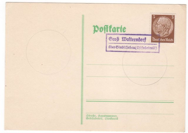 Sudetenland 1938 - Karte mit deutscher Frankatur - Notkastenstempel GROß WALTERSDORF (ohne Datum)
