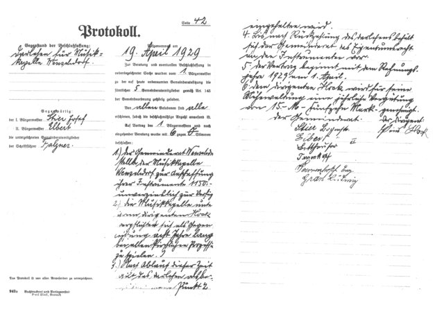 Gemeinderat Wenschdorf - Beschluss von 1929 zur Unterstützung der Gründung der Musikkapelle