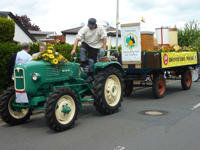 Bulldog-Oldtimer mit Motivwagen des Imkervereins