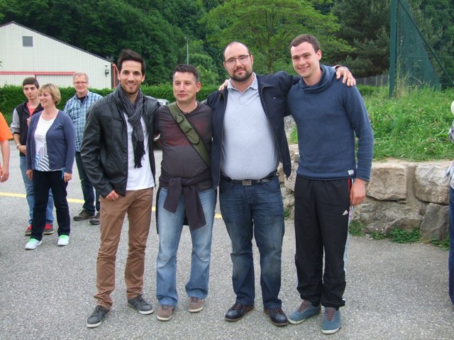 Musikfreunde: v.l.n.r.: Yohann Ghezzi (Präsident Harmonie L'Union), Oliver Hohm (Vorsitzender Musikverein Mümlingtal), Jean-Marc Debauge (Co-Präsident Harmonie L'Union) und Mario Albrecht (stv. Vorsitzender Musikverein Mümlingtal)