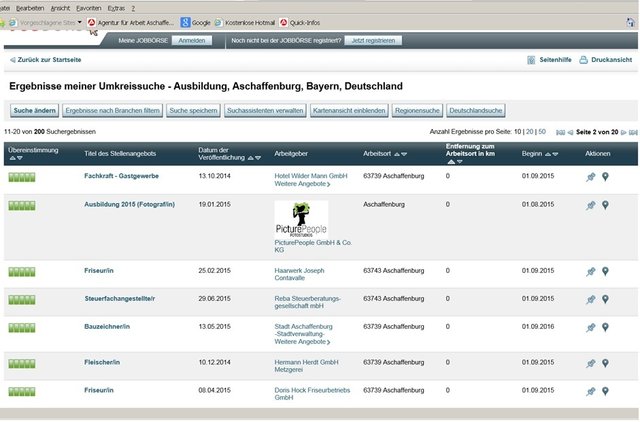 Mehr als 20 Seiten mit Ausbildungsplätzen, viele noch für August und September 2015.