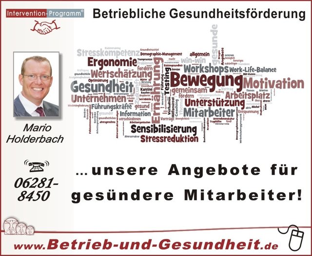 Anzeige des Autors: Intervention-Programm - Betriebliche Gesundheitsförderung für kleine und mittelständische Unternehmen (www.Betrieb-und-Gesundheit.de), betriebliches Gesundheitsmanagement (c) Mario Holderbach | Foto: (c) Mario Holderbach und dessen Lizenzgeber (Keine Freigabe für Bildverwendung)