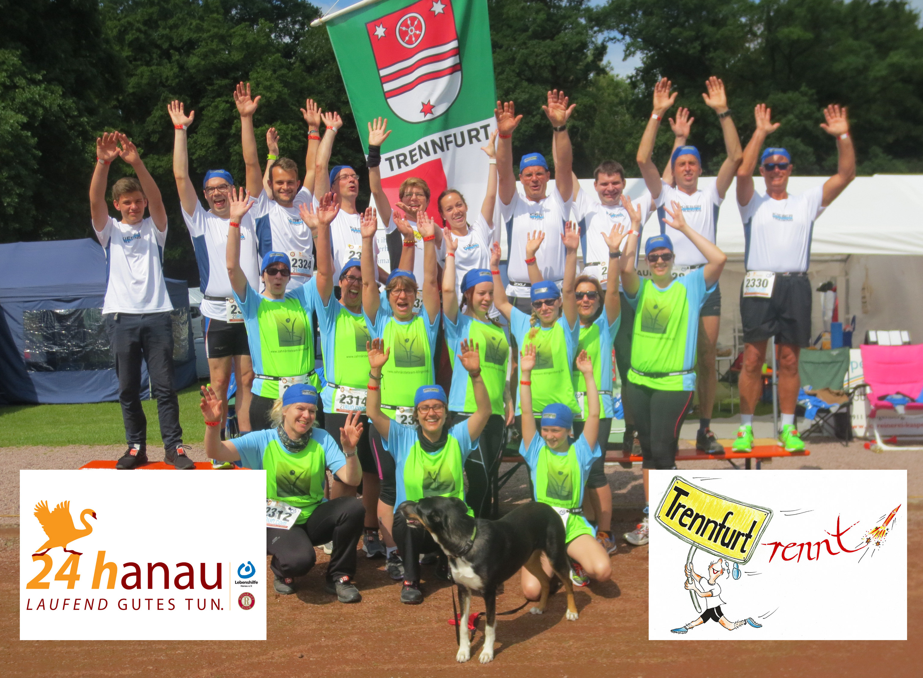 Die beiden Trennfurt-rennt-Teams in Vorfreude auf den 24-Stundenlauf in Hanau. Hinten v.l.n.r. Felix Wohlmann, Andreas Haber, Cornelius Ühlein, Norbert Abb, Iris Breitenbach, Verena Kissenberth, Udo Wohlmann, Martin Herkert, Rainer Schmitt, Uwe Leibmann. Mittlere Reihe v.l.n.r. Corinna Ebert, Carolin Wohlmann, Jutta Abb, Ann-Kathrin Niesler, Monika Villari, Irene Schmitt, Katja Ebert. Vordere Reihe v.l.n.r. Andrea Ühlein, Petra Wöber, Salome Abb.