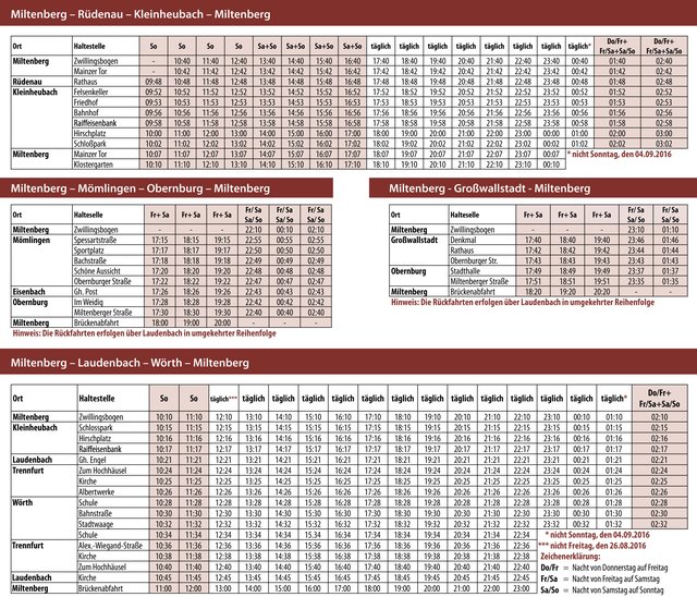 Michaelismesse 2016: Messebus Miltenberg - Rüdenau - Kleinheubach - Miltenberg, Messebus Miltenberg - Mömlingen - Obernburg - Miltenberg, Messebus Miltenberg - Grosswallstadt - Miltenberg und Messebus Miltenberg - Laudenbach - Wörth - Miltenberg.