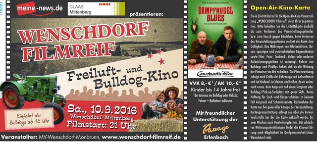 WENSCHDORF FILMREIF Freiluft- und Bulldog-Kino am 10. September 2016