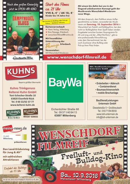 WENSCHDORF FILMREIF Freiluft- und Bulldog-Kino am 10. September 2016