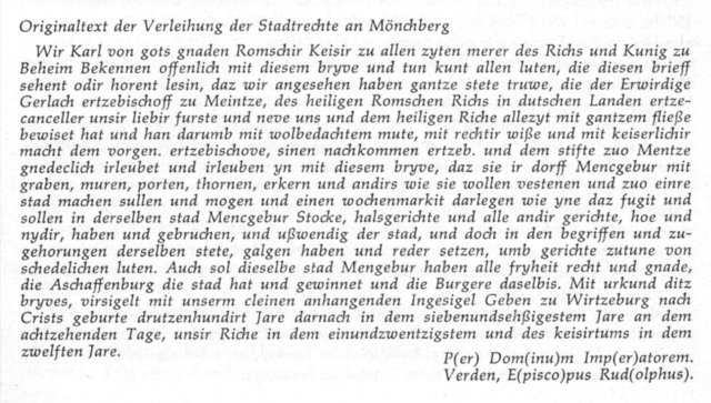 Die Transkription der Urkunde zur Verleihung der Stadtrechte. | Foto: Foto aus: Hermann Weber „Mönchberg im Spessart: Geschichte einer fränkischen Centene“; 1967