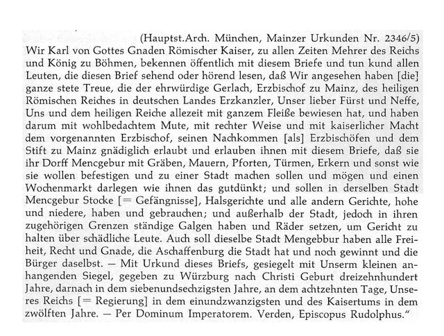 Die Transkription der Urkunde zur Verleihung der Stadtrechte, hier als lesbarer Text. | Foto: Foto aus: Hermann Weber „Mönchberg im Spessart: Geschichte einer fränkischen Centene“; 1967
