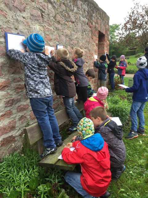 Zur Vorbereitung auf das Jubiläumsfest haben die Kinder der Klassen 1 und 2 der Mönchberger Grundschule die alte Ortsmauer erkundet und dabei ein Stück Mauer gezeichnet. | Foto: Grundschule Mönchberg