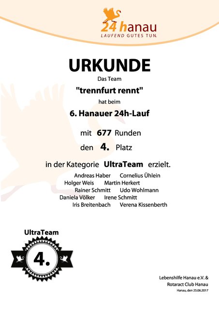 677 Runden sind ca. 268 km, die das "Trennfurt-rennt-Team zusammen bestritt. Mit einem 4. Platz können sie voll und ganz zufrieden sein.