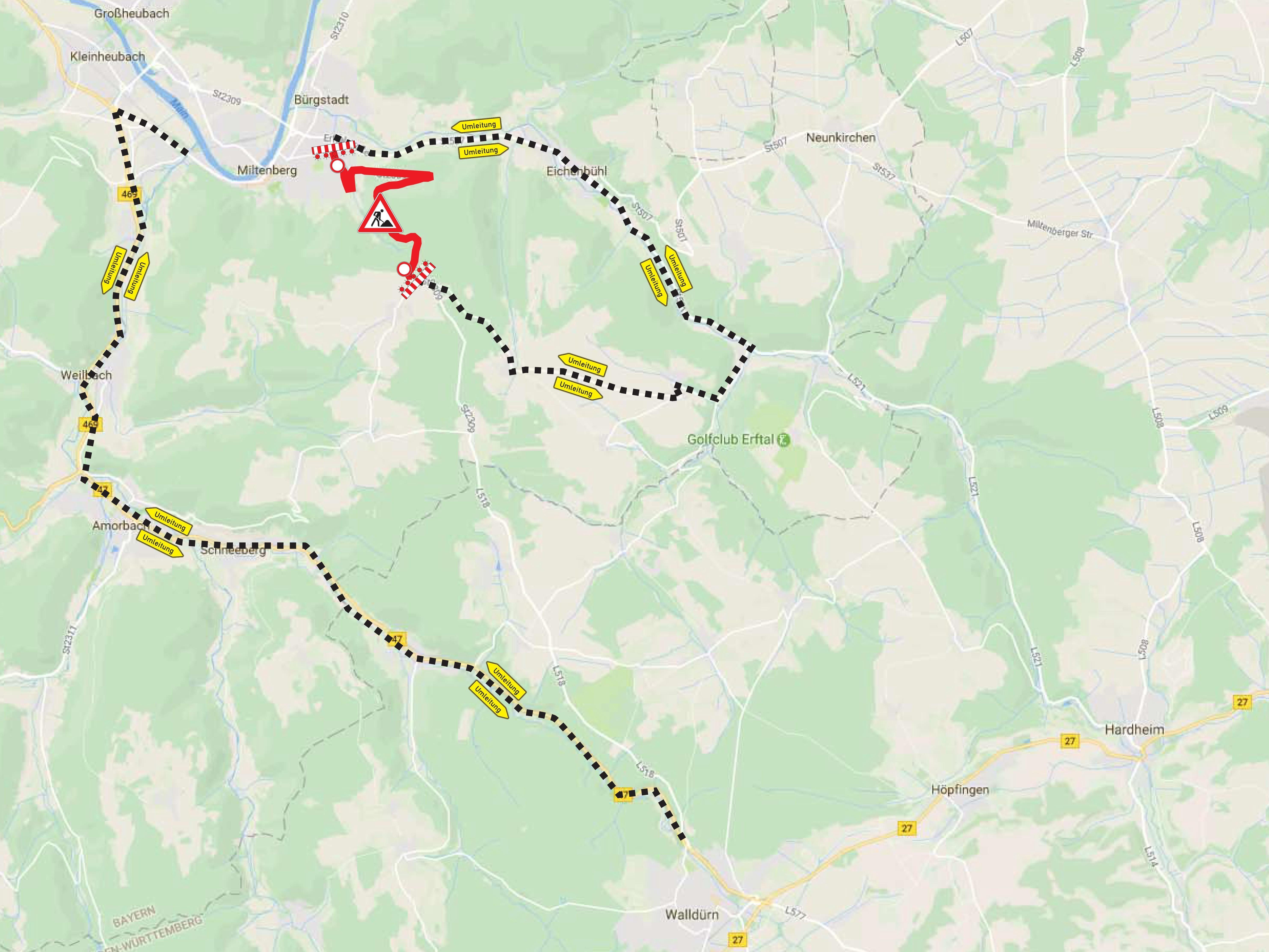 Umleitungsstrecken während der Vollsperrung der St2309 Miltenberg - Wenschdorf.