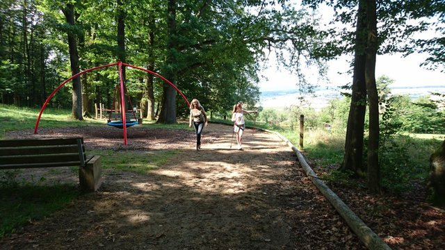 Der Walderlebnispfad in Mönchberg bietet mit Korbschaukel, Rollstuhlwippe sowie Balancierseilen und –scheiben Spielangebote für alle. | Foto: Markt Mönchberg