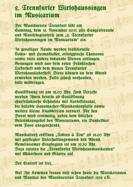 2. Trennfurter Wirtshaussingen im Musicarium am Samstag, dem 18.11.2017.