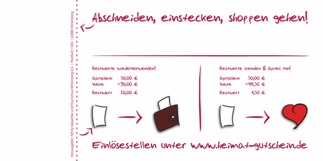 Fernkäufe und Kontakt: info@mcity-miltenberg.de, 
Fernkäufe sind nur für Kunden außerhalb des Landkreises Miltenberg gegen eine Service- und Versandgebühr von 4 Euro. verfügbar 
Kaufbetrag: Alle ganzen Euro-Summen ab 5 Euro	Einlösungsbetrag: Alle Cent-genauen Summen, auch Kleinsummen und Teileinlösungen