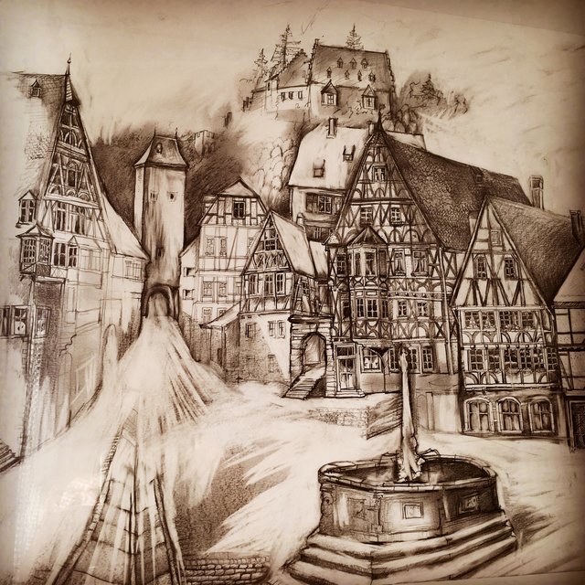Als würde Fest-Bierschaum vom Grau-Berg zum Miltenberger Marktplatz herunterfließen, so mutet diese Bleistiftzeichnung vom Schnatterloch an. Bild: Roland Schönmüller