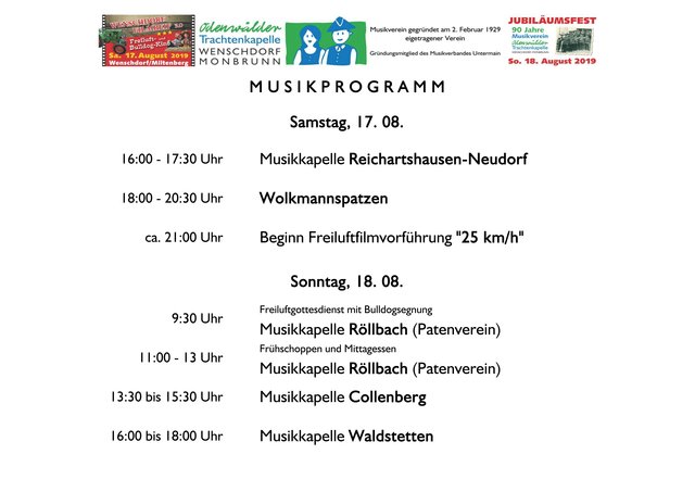 Musikprogramm beim Jubiläumsfest 90 Jahre Odenwälder Trachtenkapelle Wenschdorf-Monbrunn am 17. und 18. August 2019