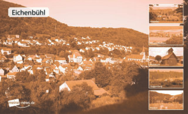 So wie dieses Musterbild sollen die Bilder später im neuen Messe-Festzelt aussehen. Die Gemeinde bildet das Hauptmotiv. Die Ortsteile werden in kleineren Fotos abgebildet. Alles ist in einem Sepia-Ton gehalten.
