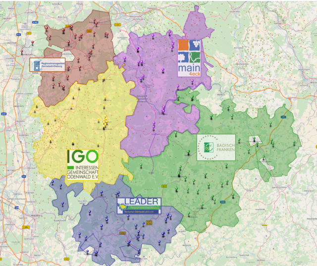 Die interaktive Karte zeigt über 140 LEADER-geförderte Projekte in und rund um den Odenwald.