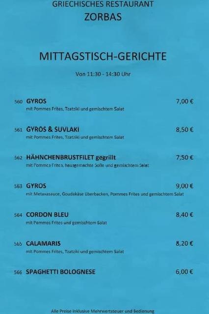 Mittagskarte gültig von Montag-Freitag