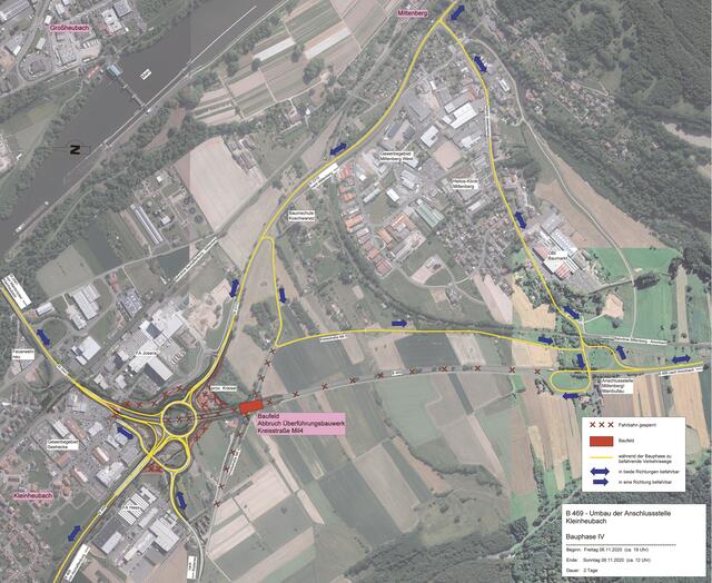 Die Bauphase IV mit dem Abbruch des Überführungsbauwerks Kreisstraße Mil 4. | Foto: Staatliches Bauamt Aschaffenburg (STBAAB)