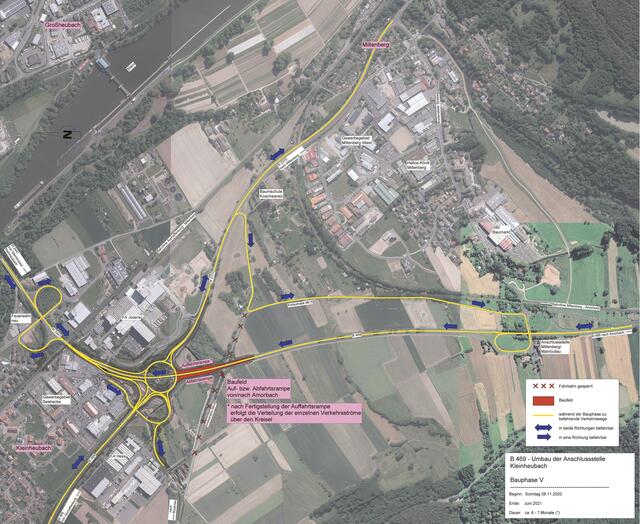 Die finale Bauphase V, in dem die Auf- bzw. Abfahrtsramen von bzw. nach Amorbach gebaut werden. | Foto: Staatliches Bauamt Aschaffenburg (STBAAB)