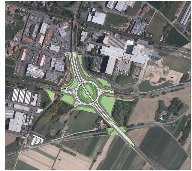 So wird der fertige Kreisverkehrsplatz nach seiner Fertigstellung im Juni 2021 aussehen. | Foto: Staatliches Bauamt Aschaffenburg (STBAAB)