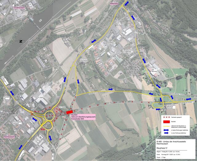 Die Bauphase IV mit der geänderten Verkehrsführung, die aufgrund des Brückenabbruchs und der damit verbundenen Sperrung der B 469 notwendig ist. | Foto: Staatliches Bauamt Aschaffenburg (STBAAB)