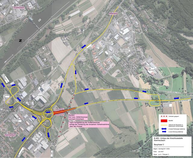 Die finale Bauphase V, in der die Auf- bzw. Abfahrtsrampen von bzw. nach Amorbach gebaut werden, beginnt am 8. November 2020. | Foto: Staatliches Bauamt Aschaffenburg (STBAAB)