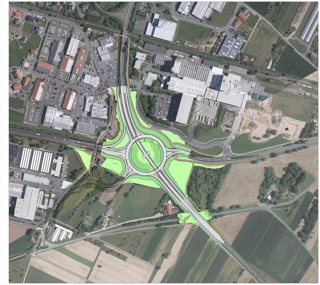 So wird der fertige Kreisverkehrsplatz nach seiner Fertigstellung im Juni 2021 aussehen. | Foto: Staatliches Bauamt Aschaffenburg (STBAAB)