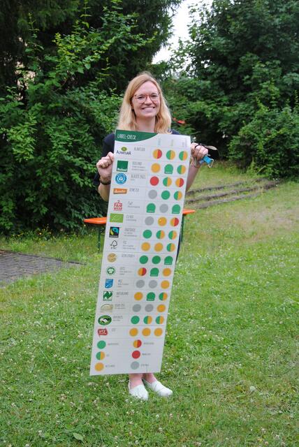 Bildungsreferentin Greta Schulte mit einem Plakat zum Thema "Label-Check".  | Foto: Andrea Kaller-Fichtmüller