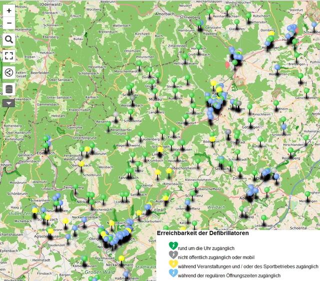 Die interaktive Karte erfasst auf der Homepage des Landkreises alle 285 AED-Standorte im Neckar-Odenwald-Kreis. | Foto: Bild: Landratsamt