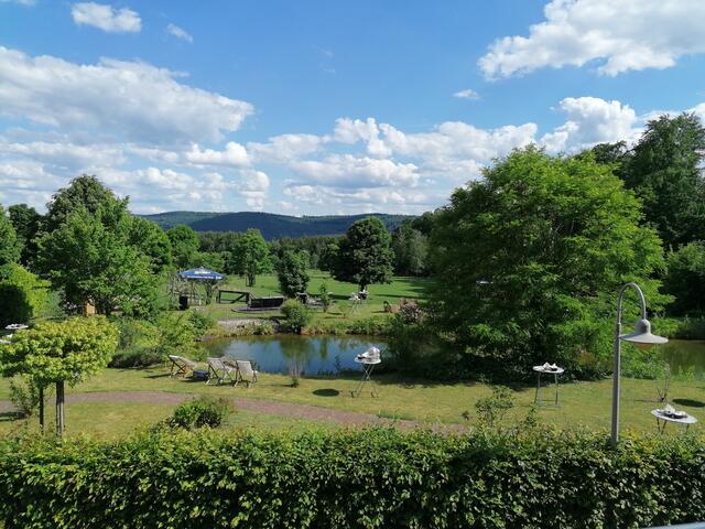 Heimathenhof Heimbuchenthal: Blick von der großen Sonnenterrasse auf den Teichgarten. | Foto: Rindsfüsser