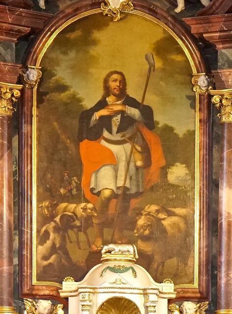 Der heilige Wendelin auf dem Hauptaltar in Schippach. 