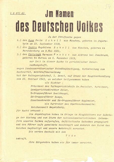 Das Unrechts-Urteil | Foto: https://www.bundesarchiv.de/DE/Content/Virtuelle-Ausstellungen/Sophie-Und-Hans-Scholl-Zum-Tode-Verurteilt-Am-22-02-1943/sophie-und-hans-scholl-zum-tode-verurteilt-am-22-02-1943.html