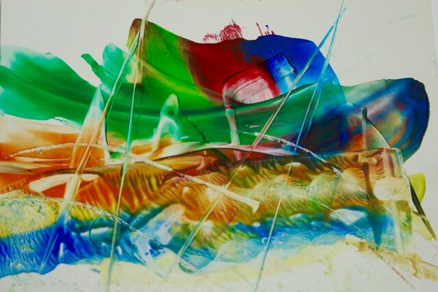 „Dynamische Wasser-Szenerie“ in Encaustic-Technik (Kunstnetz-Schülerarbeit).
