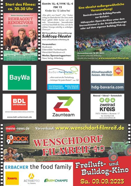 Musikverein Odenwälder Trachtenkapelle Wenschdorf-Monbrunn e. V. veranstaltet WENSCHDORF FILMREIF 4.0 Freiluft- und Bulldog-Kino am 9. September 2023 | Foto: Musikverein Odenwälder Trachtenkapelle Wenschdorf-Monbrunn e. V.
