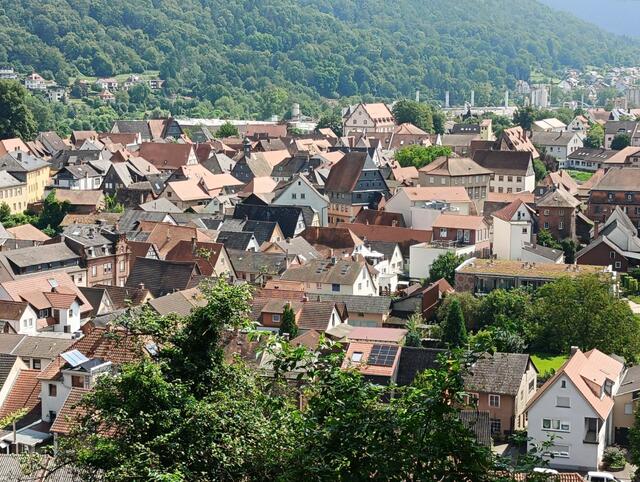 Die Amorbacher Giebel-Dachlandschaft: Im Vordergrund links ist eine Solarthermie sichtbar, in der Mitte eine Photovoltaik-Anlage in "full-black". Ist dadurch das Bild von Amorbach verschandelt?
In der Bildmitte am rechten Rand ist das nahezu einzige Flachdach in der Altstadt zu sehen, es wirkt dachziegelfarben, es ist jedoch begrünt.