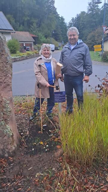 1. Vorsitzende Elisabeth Huba-Mang und Ortsvorsteher Roland Hildenbrand an der Rose des Friedens in Wessental | Foto: DFC Freudenberg
