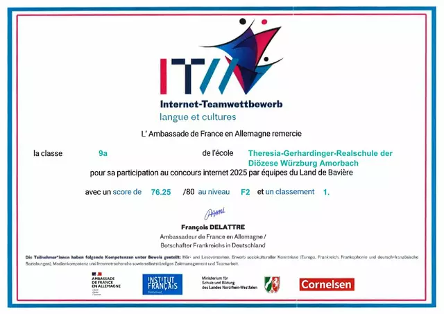 Platz 1 der 9a beim Internet-Teamwettbewerb | Foto: Urkunde des Internet-Teamwettbewerbs