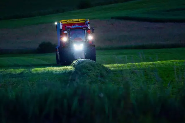  Abendliche Arbeit in der Juni-Flur: Heimbringen des zweiten Grasschnittes bei angenehmeren Temperaturen. Foto Roland Schönmüller 
