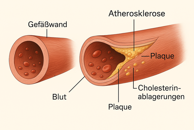 Das Foto zeigt anschaulich den Unterschied zwischen einem gesunden und einem durch Atherosklerose verengten Gefäß, inklusive Plaque-Ablagerungen und eingeschränktem Blutfluss. Ideal, um die Erkrankung visuell zu erklären | Foto: Microsoft BING/KI / TRD Pressedienst