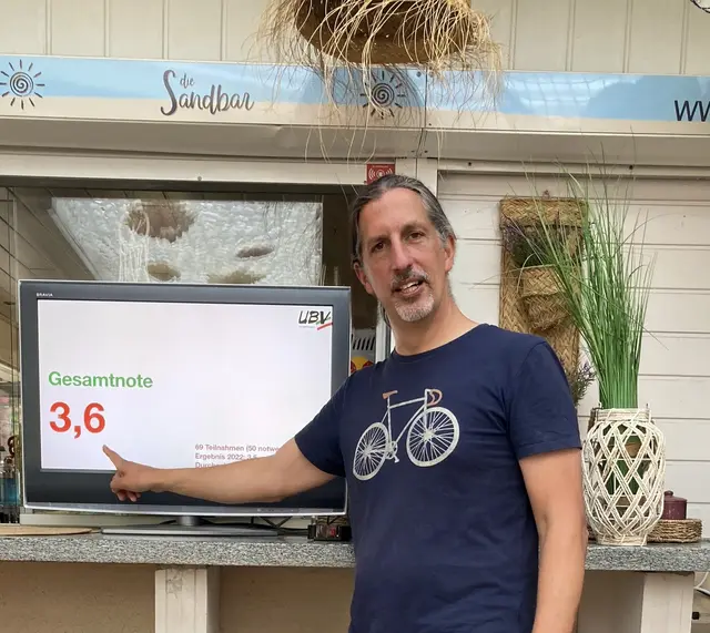 Der UBV-Bürgermeisterkandidat Thomas Becker präsentiert das Ergebnis des Fahrradklimatests 2024.