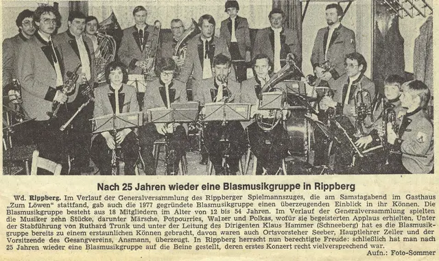 Grund zur Freude: Mit berechtigtem Stolz freut sich der Spielmannzug Rippberg über die neu gegründete Blasmusikgruppe, die in der Jahresversammlung im April 1978 ihr Talent unter Beweis stellte.  | Foto: Rippberger Blasmusik e.V.